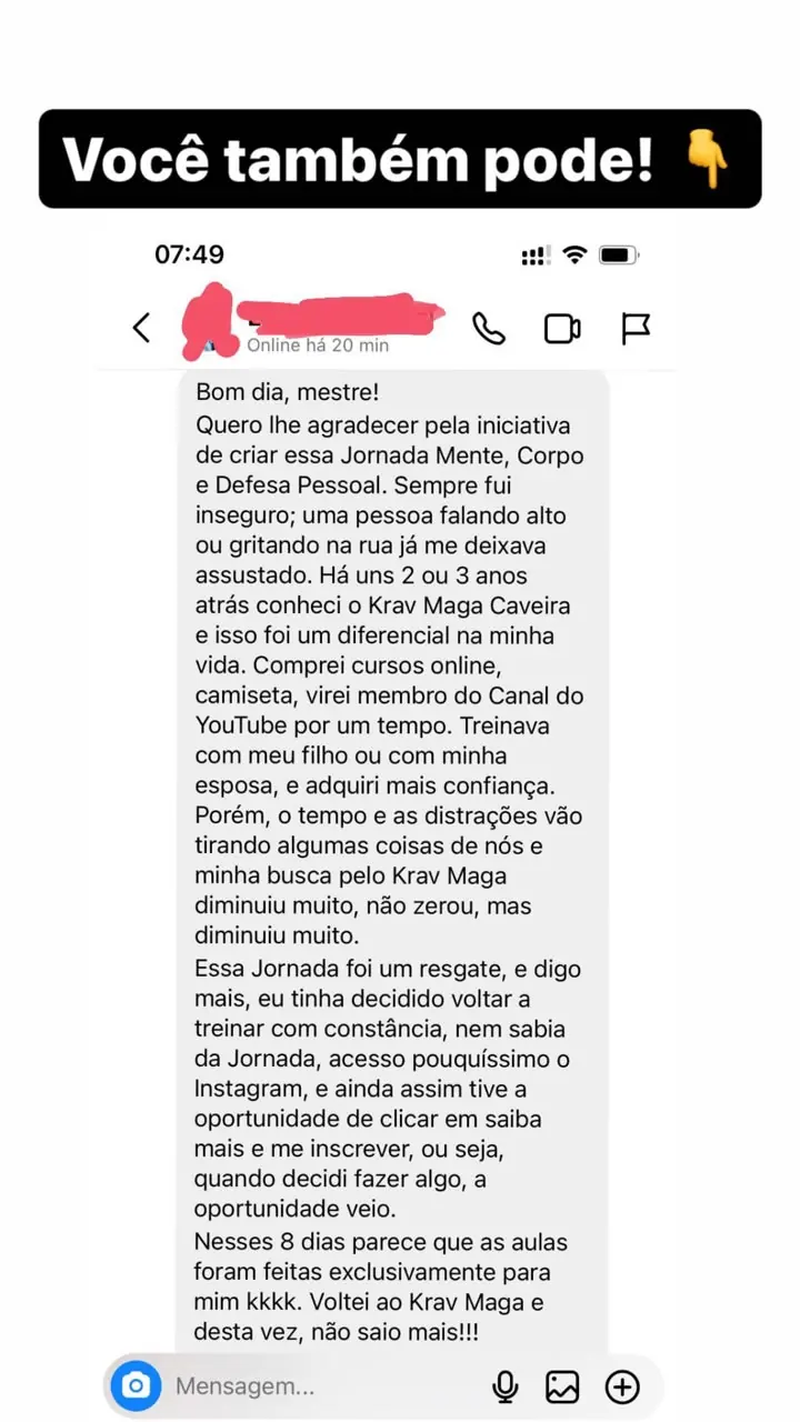 Aluno conta que voltou a treinar com a Jornada Mente, Corpo e Defesa Pessoal